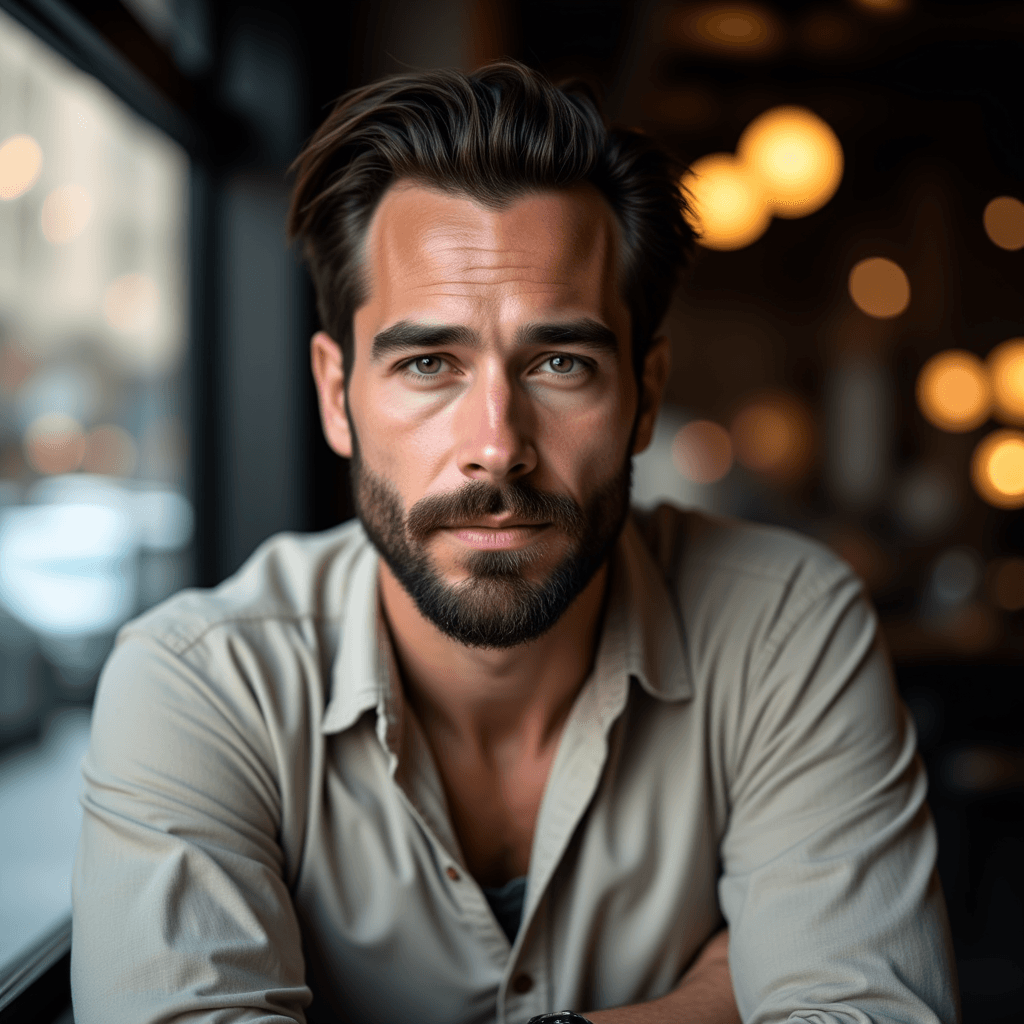 Roman at a coffee shop, linen shirt, relaxed